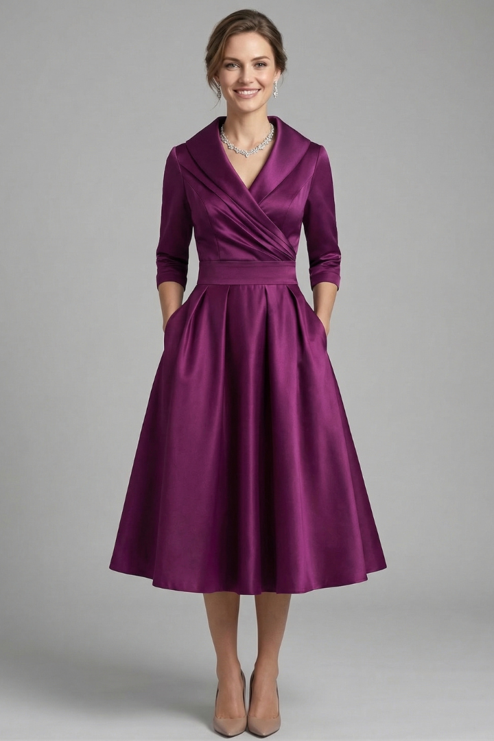 Women's Midi Dress with Wrap Neckline and Pleated Skirt – Elegant Long Sleeve Formal Dress 7
