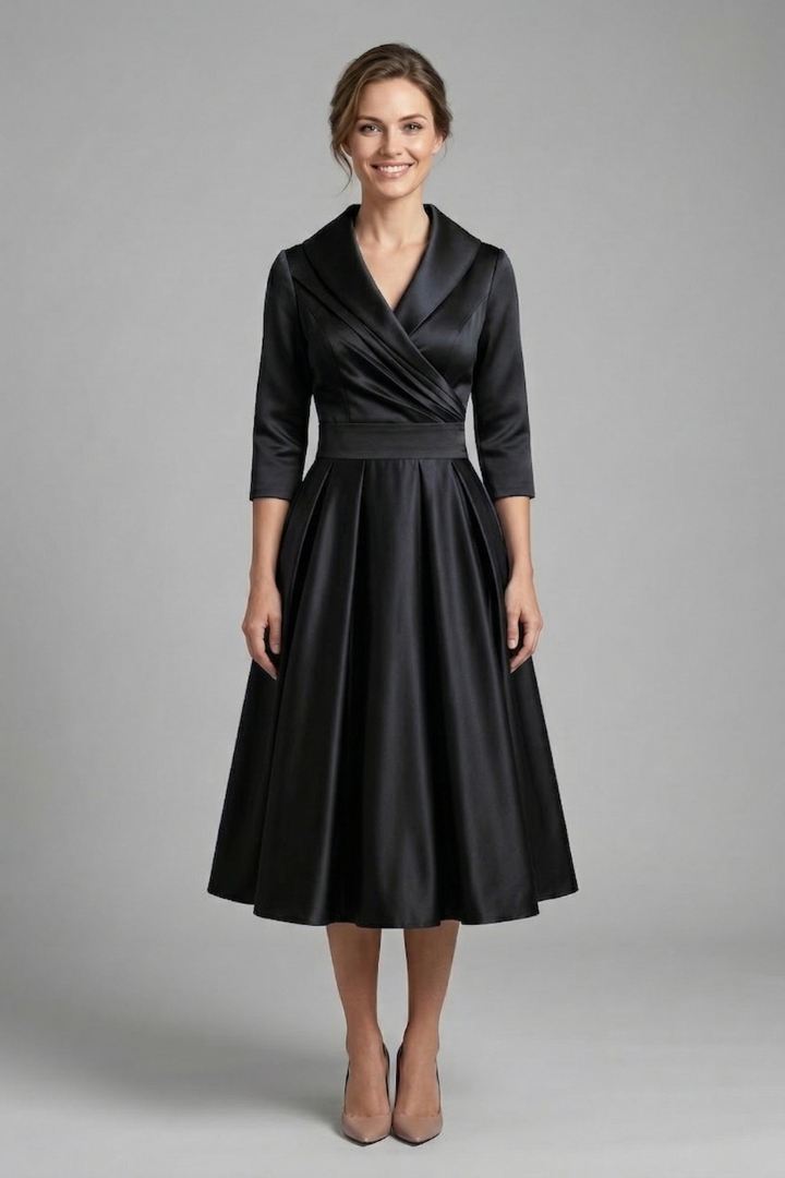 Women's Midi Dress with Wrap Neckline and Pleated Skirt – Elegant Long Sleeve Formal Dress 8
