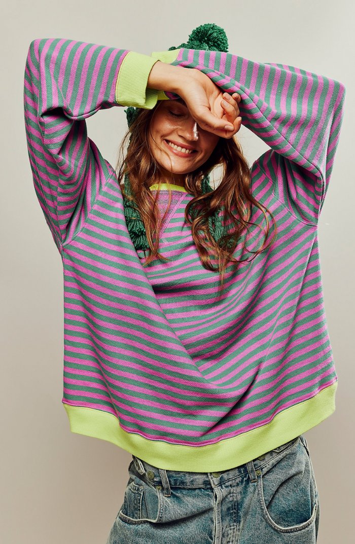 Women's oversized sweatshirt featuring a striped drop-shoulder design with neon contrast trim, made from lightweight knit fabric for comfortable, stylish wear. 0