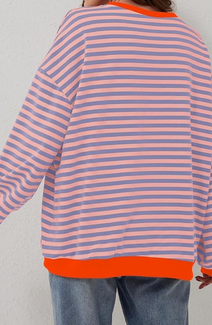 Women's oversized sweatshirt featuring a striped drop-shoulder design with neon contrast trim, made from lightweight knit fabric for comfortable, stylish wear. 5
