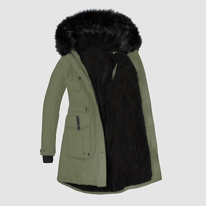 Women's Parka Jacket with Faux Fur Hood and Drawstring Waist – Black Long Winter Jacket for Women 3