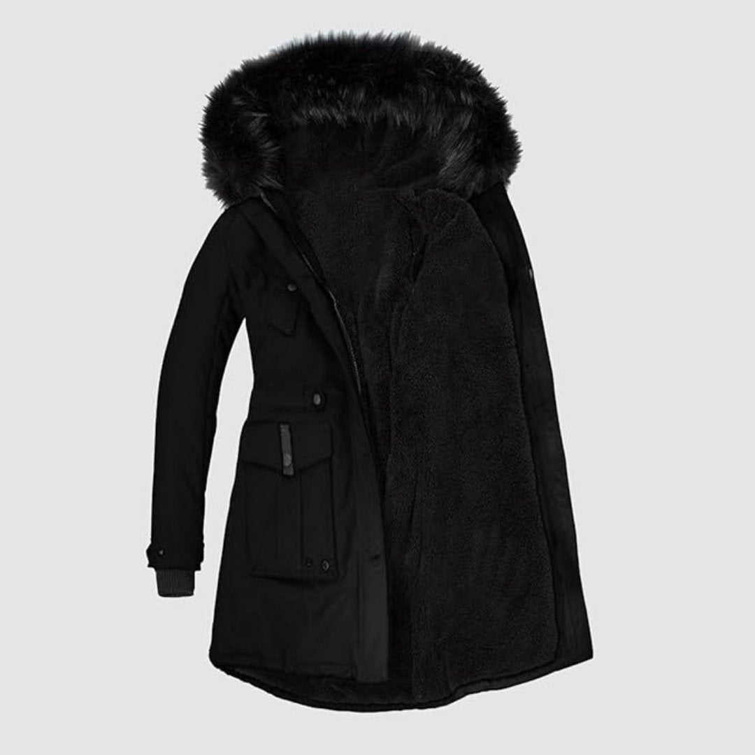 Women's Parka Jacket with Faux Fur Hood and Drawstring Waist – Black Long Winter Jacket for Women 4