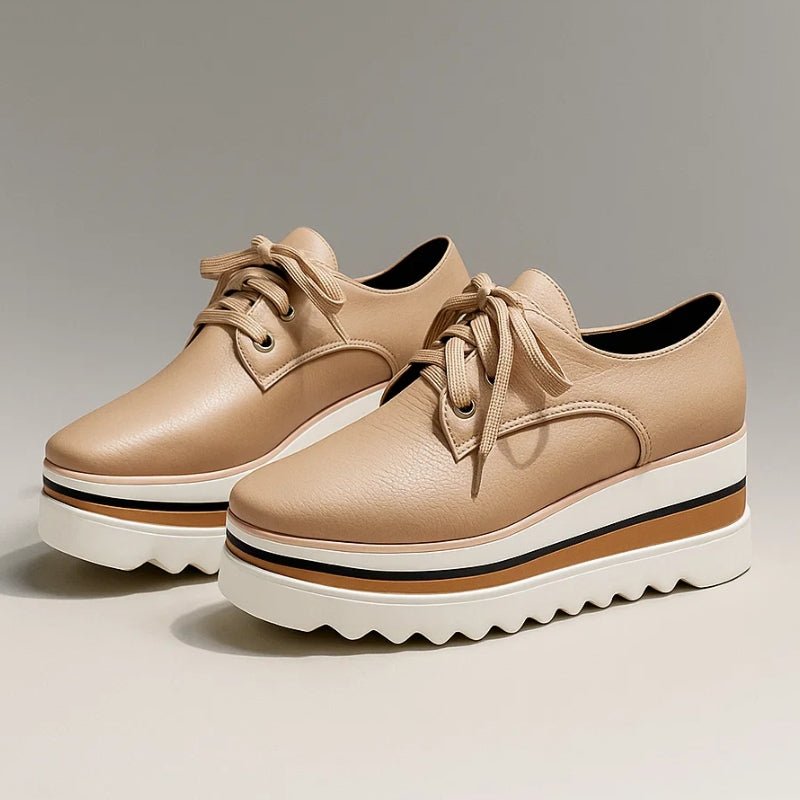 Beige striped women's platform oxford shoes featuring a lace-up closure and stylish wedge sole. 0