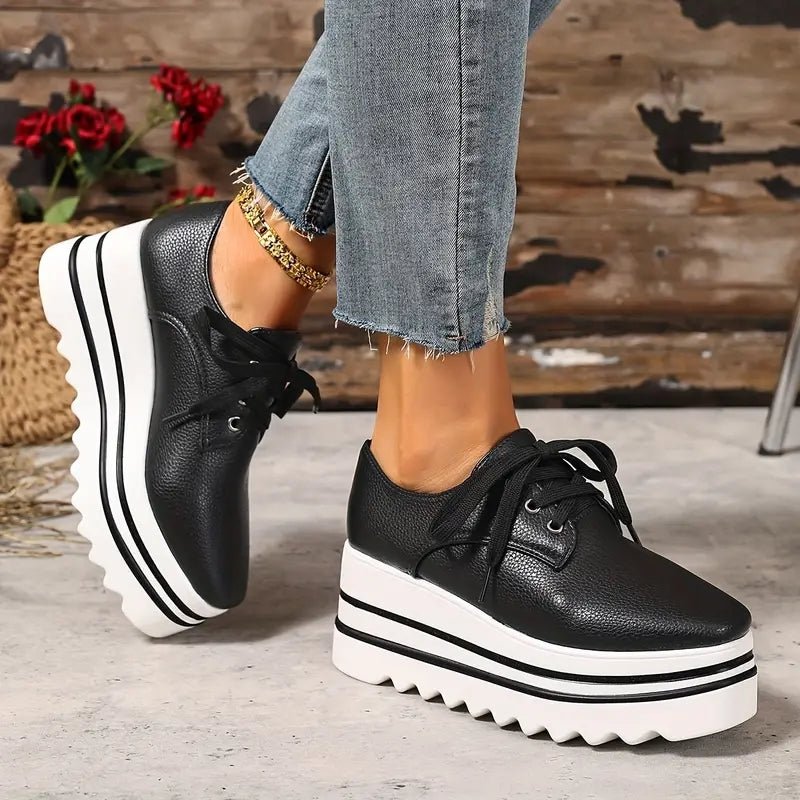 Beige striped women's platform oxford shoes featuring a lace-up closure and stylish wedge sole. 2