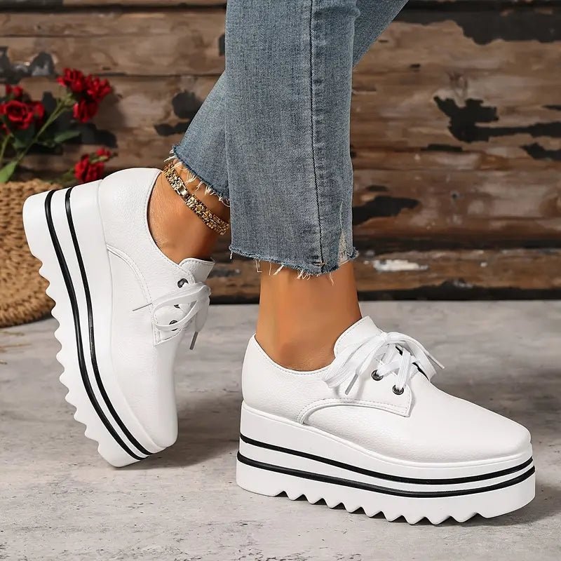 Beige striped women's platform oxford shoes featuring a lace-up closure and stylish wedge sole. 3