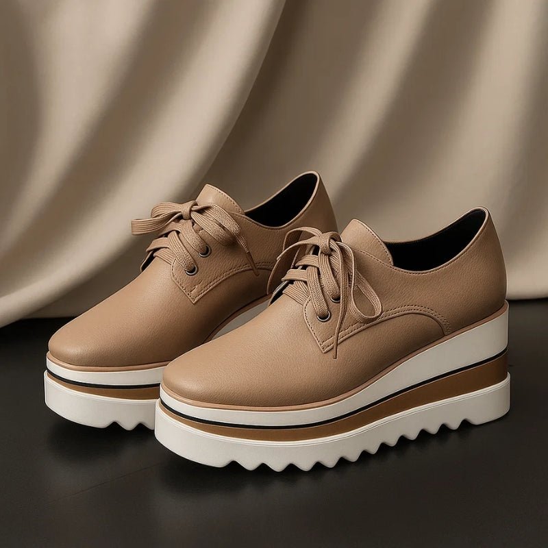 Beige striped women's platform oxford shoes featuring a lace-up closure and stylish wedge sole. 5