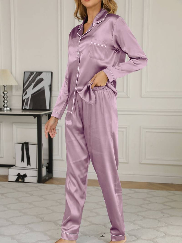 Women's Satin Pajama Set with Button-Up Blouse and Long Trousers – Elegant and Comfortable Sleepwear 1