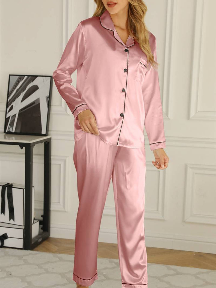 Women's Satin Pajama Set with Button-Up Blouse and Long Trousers – Elegant and Comfortable Sleepwear 2