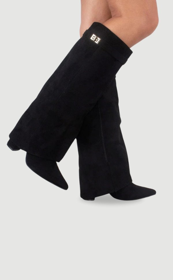 Women's suede knee high boots featuring stylish gold hardware, perfect for elevating any outfit with elegance and versatility. 0