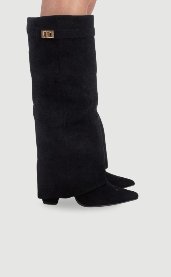 Women's suede knee high boots featuring stylish gold hardware, perfect for elevating any outfit with elegance and versatility. 1