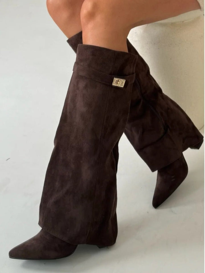 Women's suede knee high boots featuring stylish gold hardware, perfect for elevating any outfit with elegance and versatility. 10