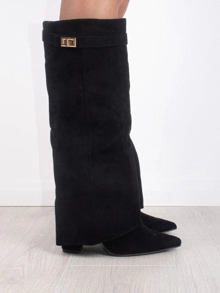 Women's suede knee high boots featuring stylish gold hardware, perfect for elevating any outfit with elegance and versatility. 2