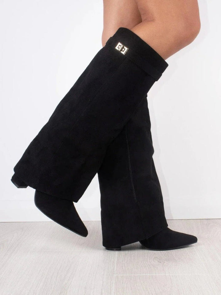 Women's suede knee high boots featuring stylish gold hardware, perfect for elevating any outfit with elegance and versatility. 3