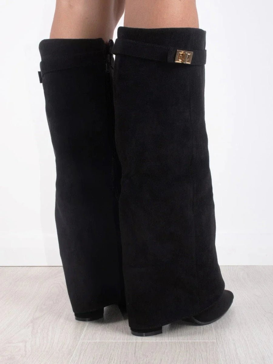 Women's suede knee high boots featuring stylish gold hardware, perfect for elevating any outfit with elegance and versatility. 5