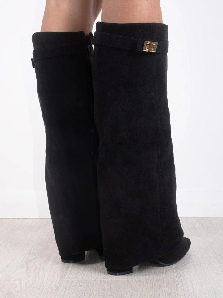 Women's suede knee high boots featuring stylish gold hardware, perfect for elevating any outfit with elegance and versatility. 5