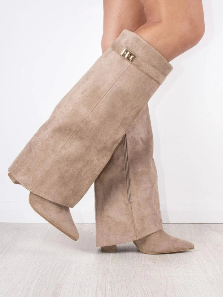 Women's suede knee high boots featuring stylish gold hardware, perfect for elevating any outfit with elegance and versatility. 6