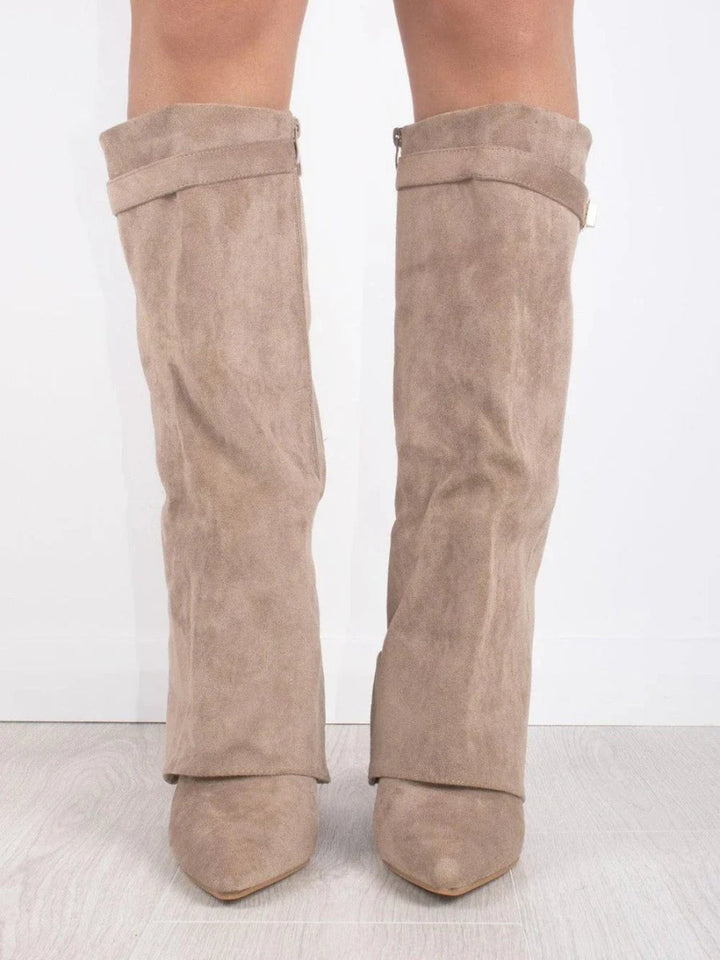 Women's suede knee high boots featuring stylish gold hardware, perfect for elevating any outfit with elegance and versatility. 7