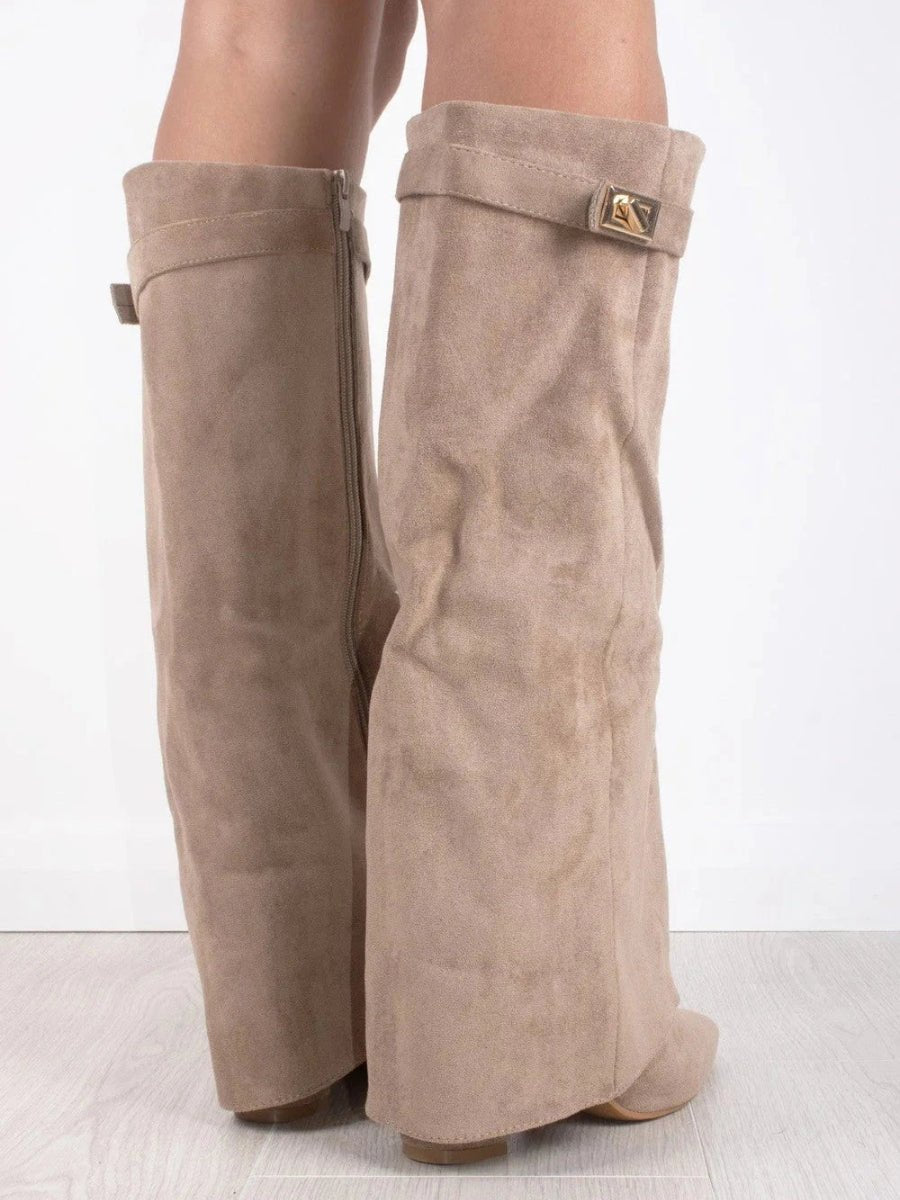 Women's suede knee high boots featuring stylish gold hardware, perfect for elevating any outfit with elegance and versatility. 8