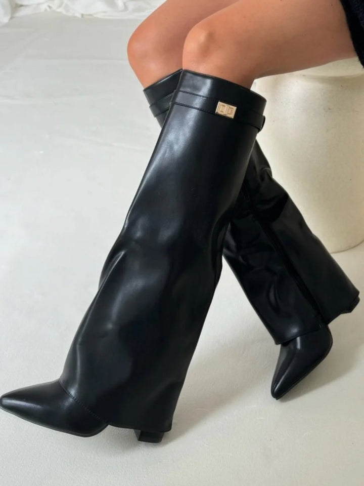Women's suede knee high boots featuring stylish gold hardware, perfect for elevating any outfit with elegance and versatility. 9