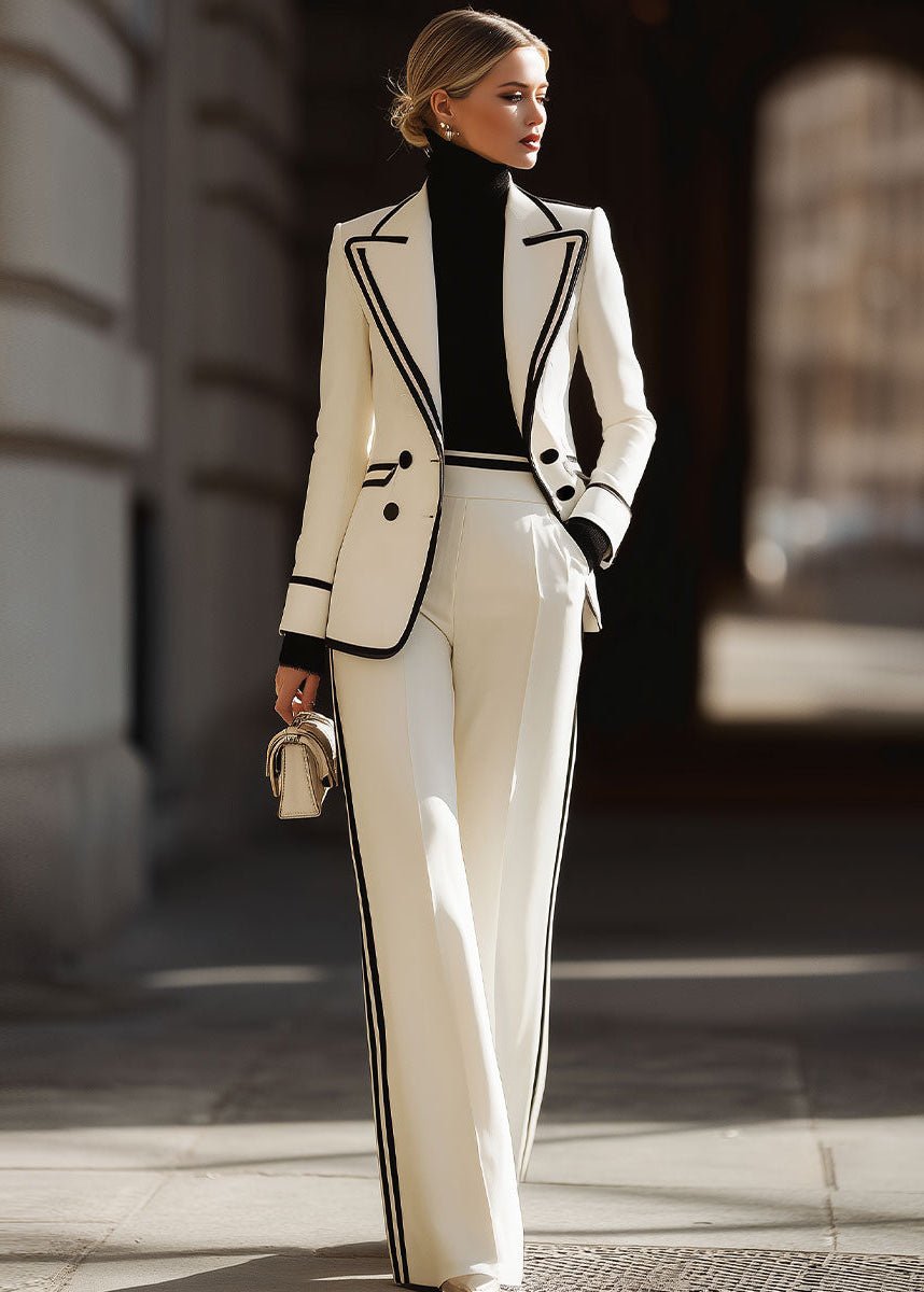 Women's suit set featuring a tailored double-breasted blazer and stylish wide-leg pants, perfect for structured professional attire in a modern workplace. 0
