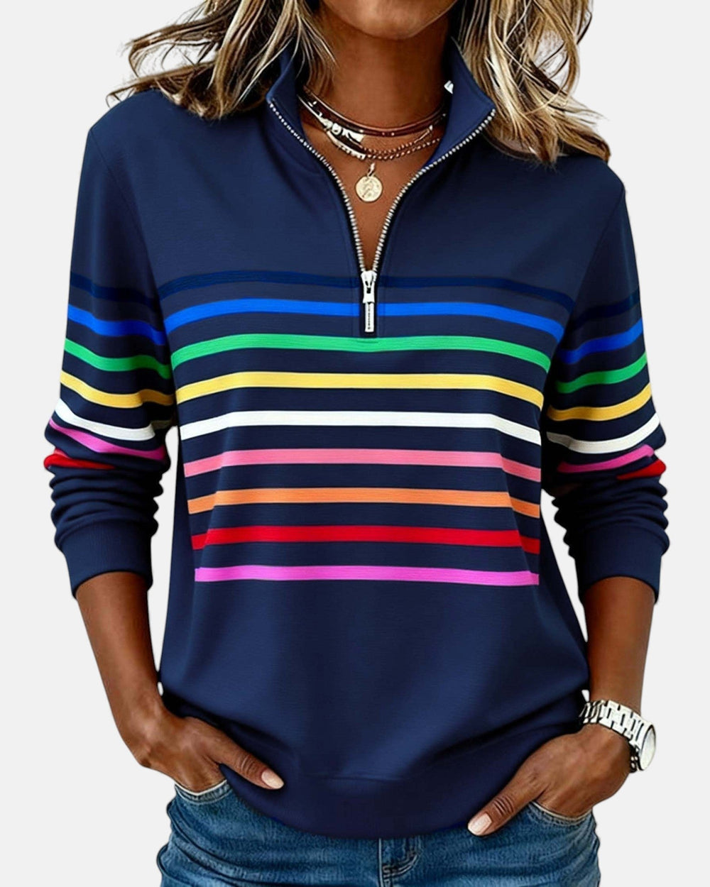 Women's relaxed fit cotton blend sweatshirt featuring a quarter zip design and vibrant rainbow stripes, perfect for casual outings and comfortable layering. 1