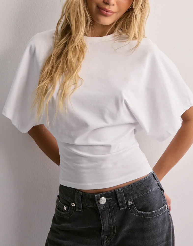 Women's T-Shirt with Wide Sleeves and Shaped Waist – Soft Breathable Fabric in Black, Pink, White, Brown 0