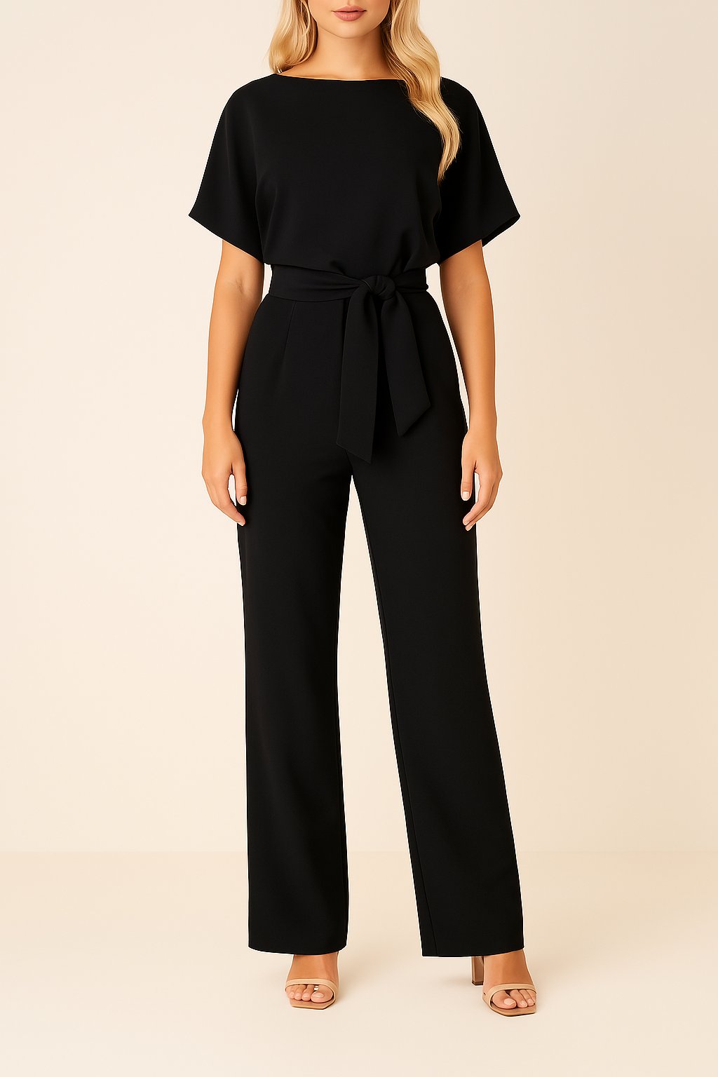 Women's wide leg jumpsuit with short sleeves and adjustable belt, featuring a modern design perfect for casual or dressy occasions. 0
