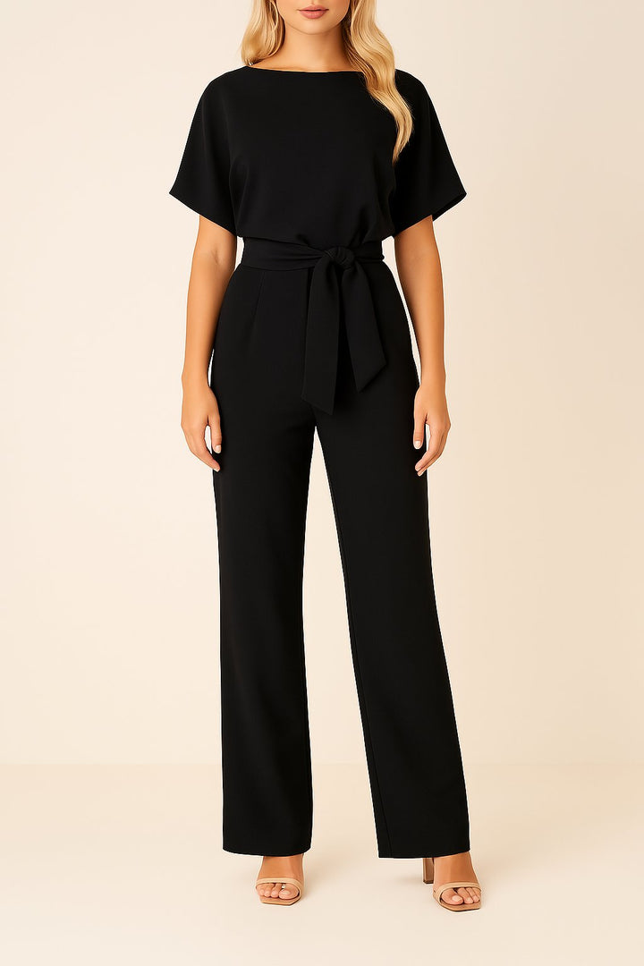 Women's wide leg jumpsuit with short sleeves and adjustable belt, featuring a modern design perfect for casual or dressy occasions. 0