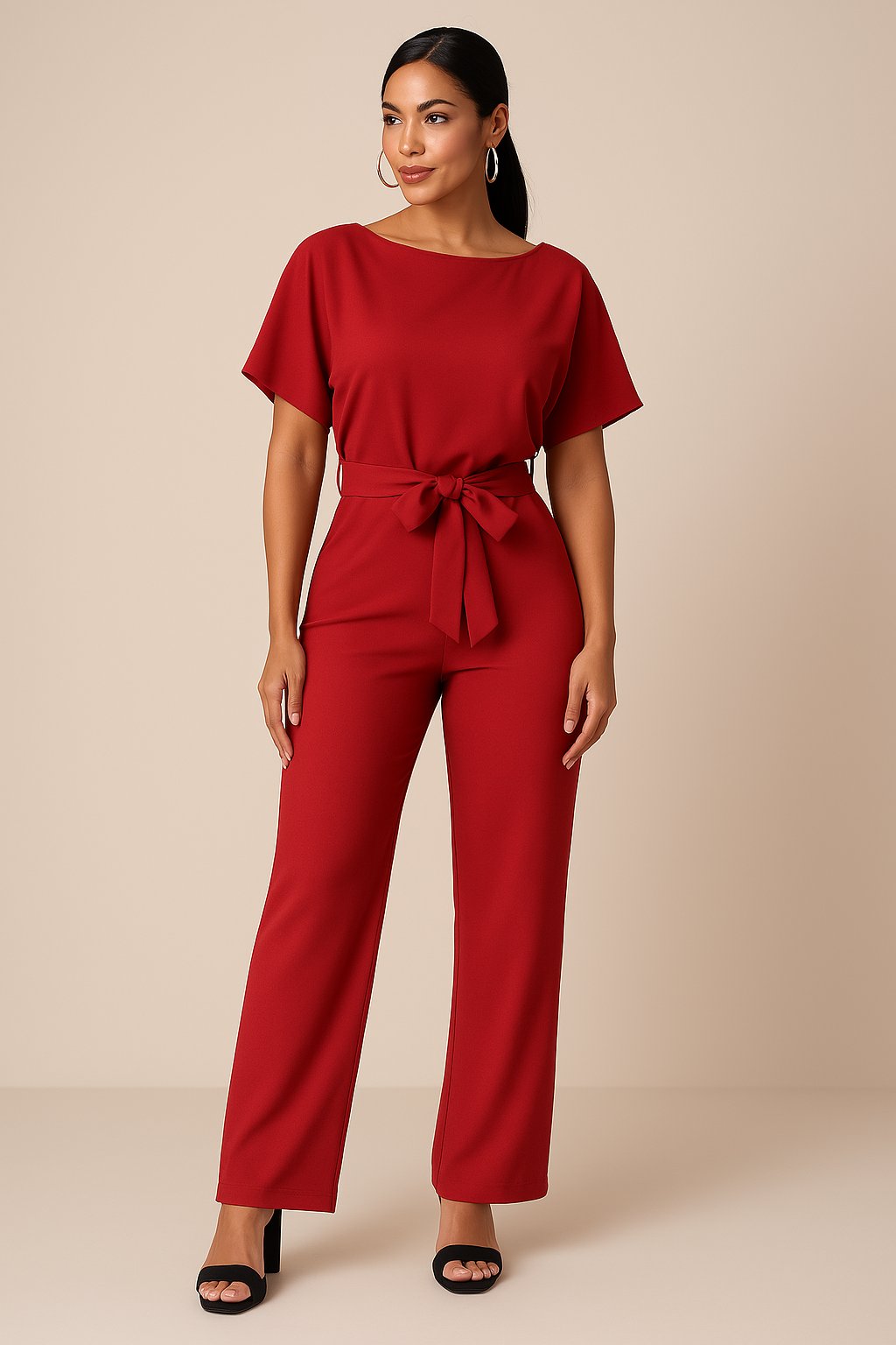 Women's wide leg jumpsuit with short sleeves and adjustable belt, featuring a modern design perfect for casual or dressy occasions. 1