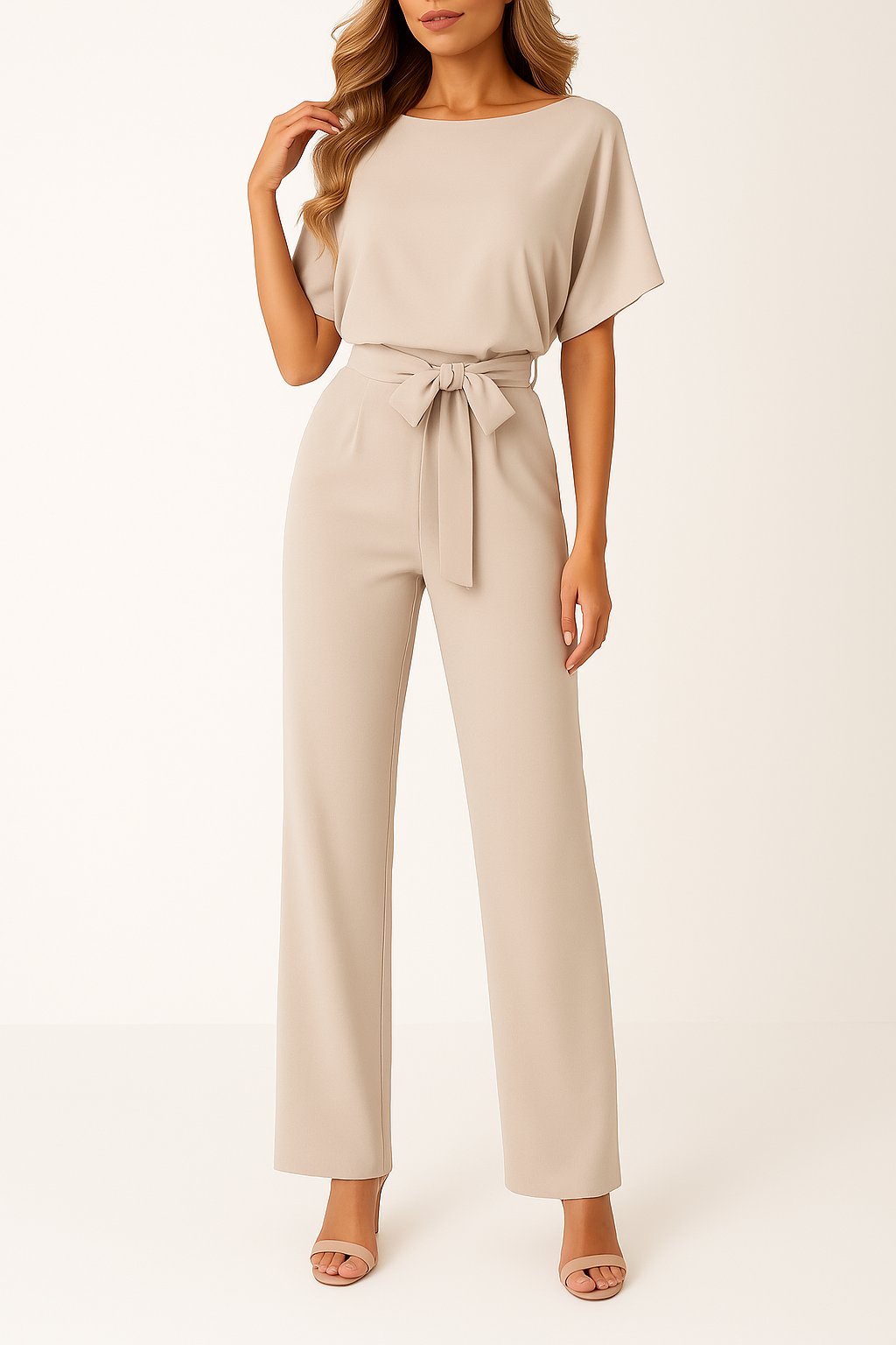 Women's wide leg jumpsuit with short sleeves and adjustable belt, featuring a modern design perfect for casual or dressy occasions. 2