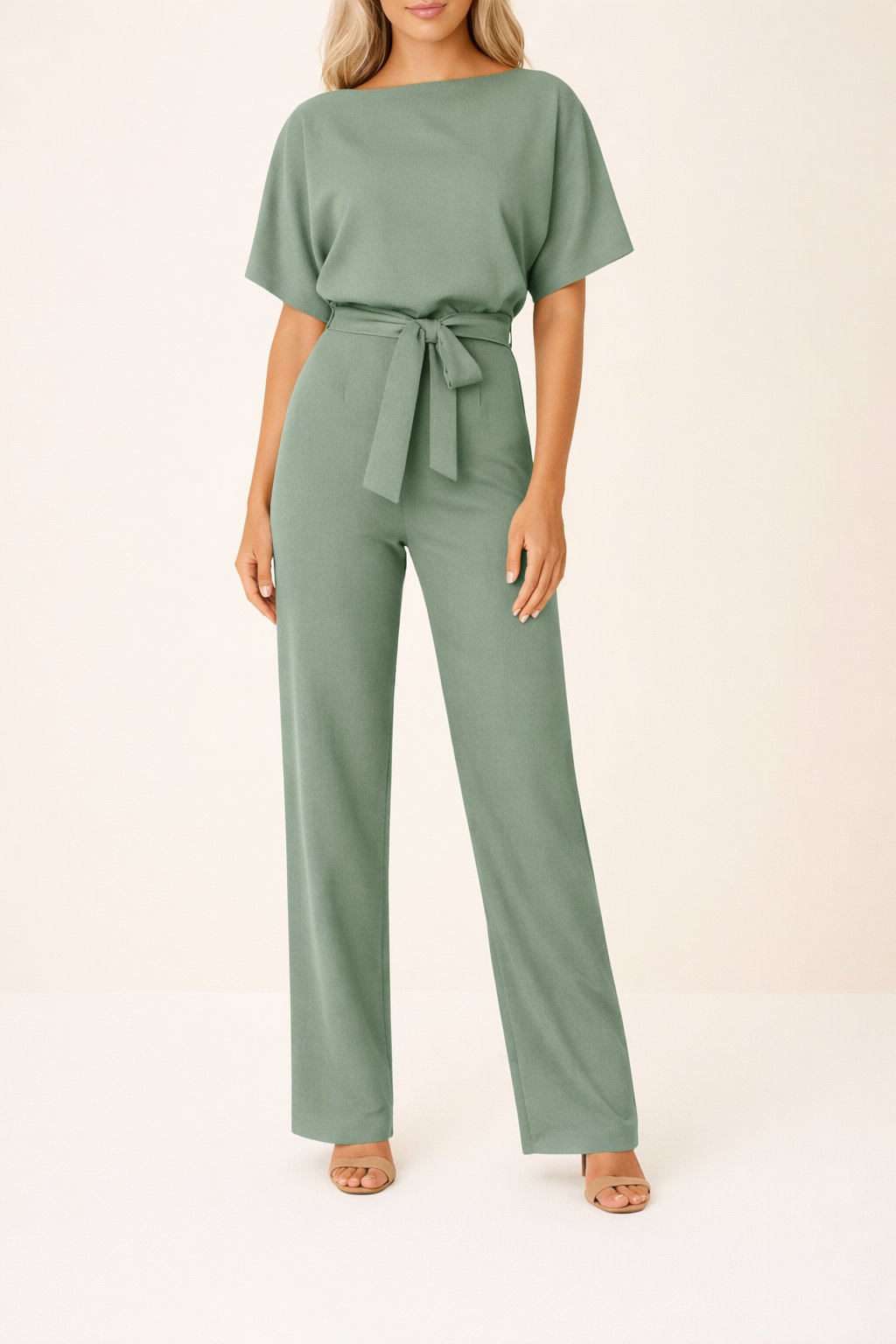 Women's wide leg jumpsuit with short sleeves and adjustable belt, featuring a modern design perfect for casual or dressy occasions. 3