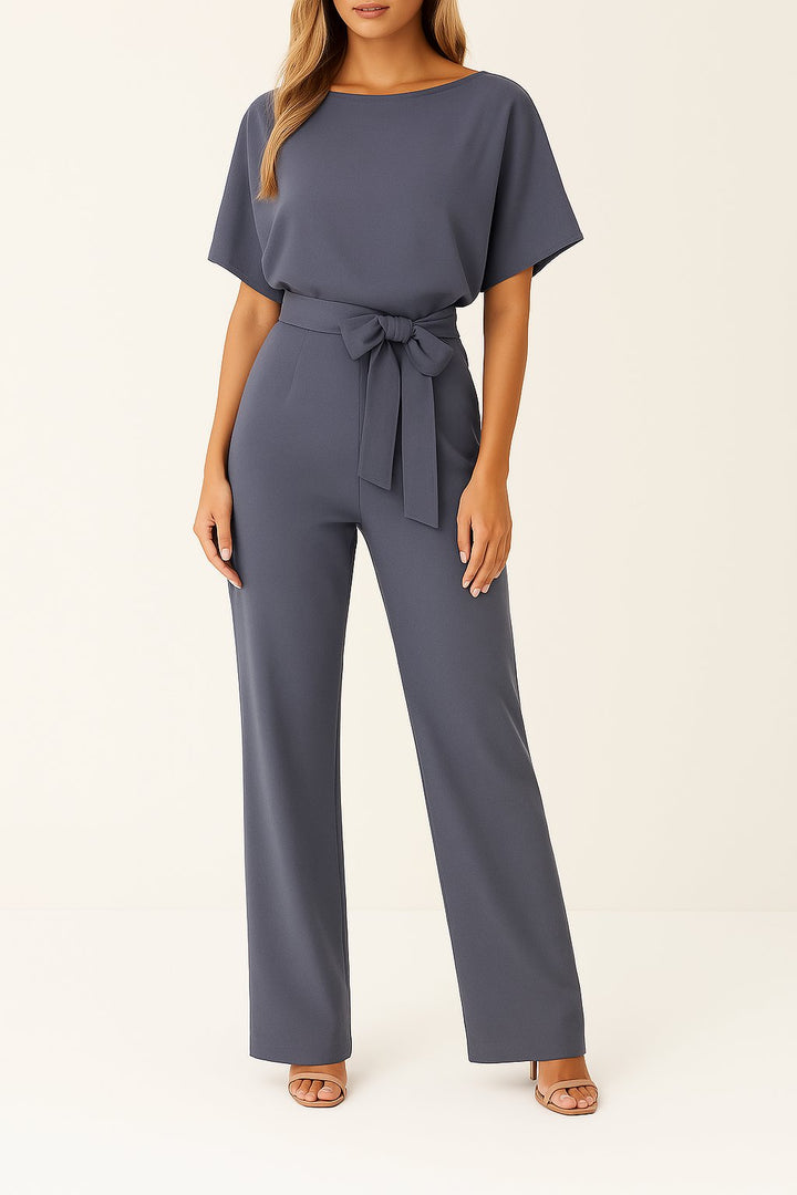 Women's wide leg jumpsuit with short sleeves and adjustable belt, featuring a modern design perfect for casual or dressy occasions. 4