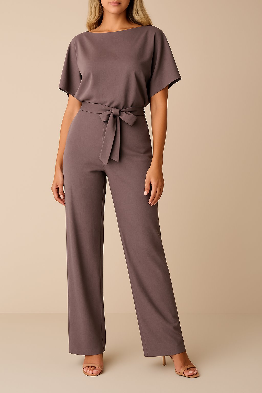 Women's wide leg jumpsuit with short sleeves and adjustable belt, featuring a modern design perfect for casual or dressy occasions. 6