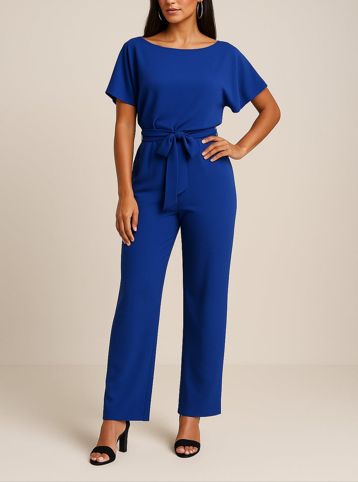 Women's wide leg jumpsuit with short sleeves and adjustable belt, featuring a modern design perfect for casual or dressy occasions. 7