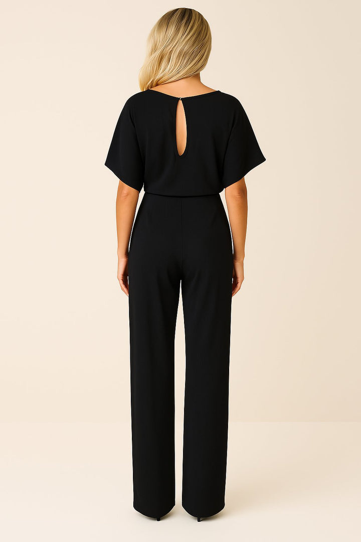 Women's wide leg jumpsuit with short sleeves and adjustable belt, featuring a modern design perfect for casual or dressy occasions. 8