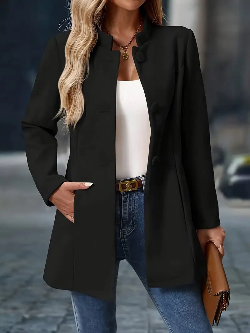 Women's wool blend coat featuring a stand collar and button front, designed for elegance with a mid-length cut, perfect for stylish layering in cooler weather. 5