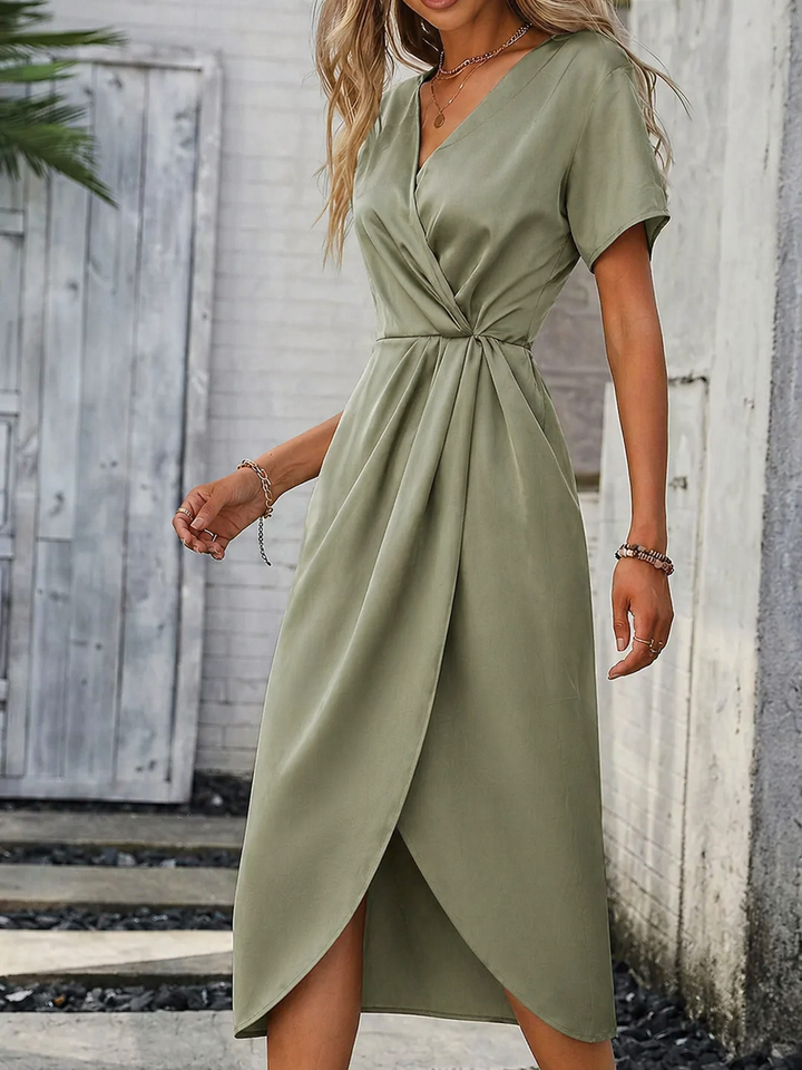 Women's Wrap Midi Dress with Self-Tie Waist – Lightweight Summer Dress with Short Batwing Sleeves 4