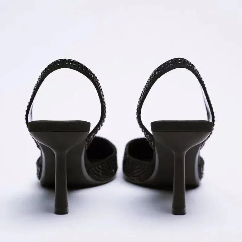 Womens Heeled Sandals with Rhinestone Detail and Cushioned Insole – Elegant Slingback Evening Shoes 1