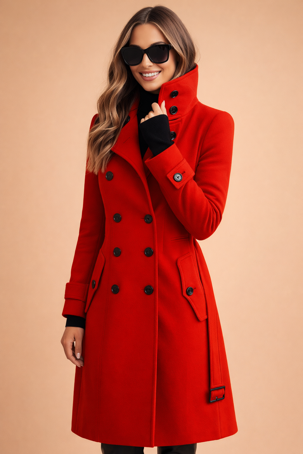 Womens Winter Coat with High Stand-Up Collar – Double-Breasted Wool Blend Mid-Thigh Coat 0