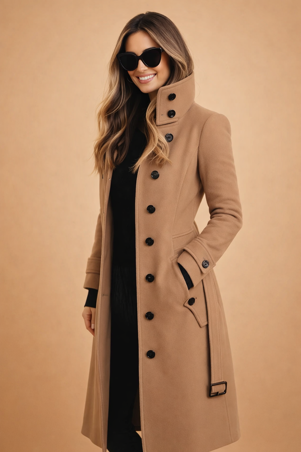 Womens Winter Coat with High Stand-Up Collar – Double-Breasted Wool Blend Mid-Thigh Coat 1