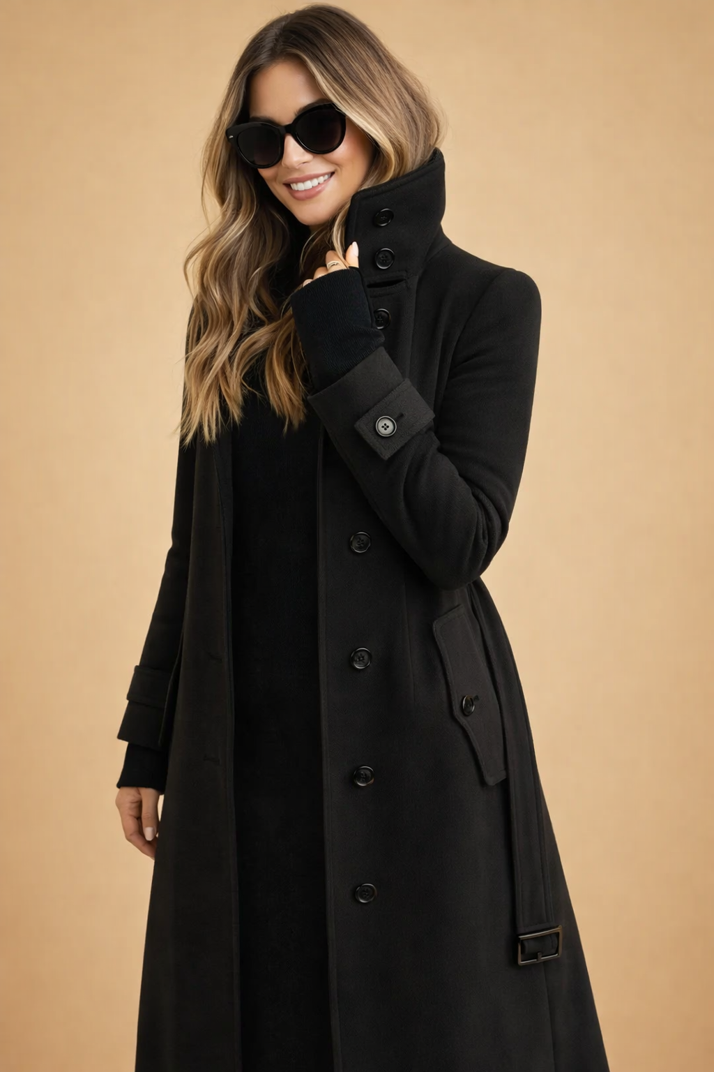 Womens Winter Coat with High Stand-Up Collar – Double-Breasted Wool Blend Mid-Thigh Coat 2