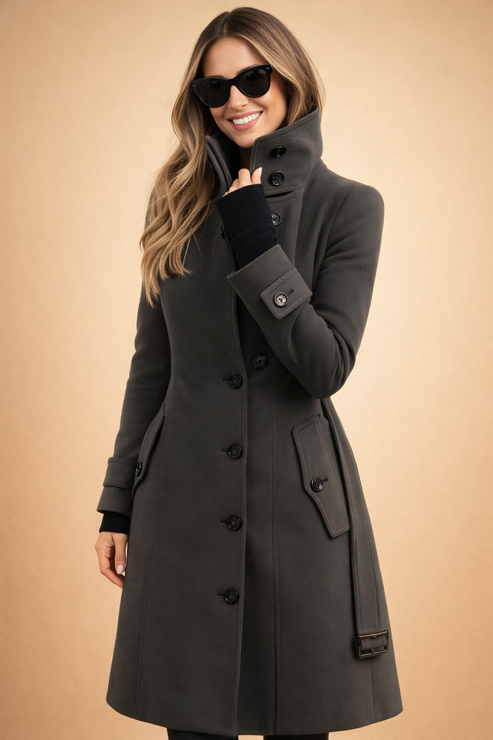 Womens Winter Coat with High Stand-Up Collar – Double-Breasted Wool Blend Mid-Thigh Coat 3
