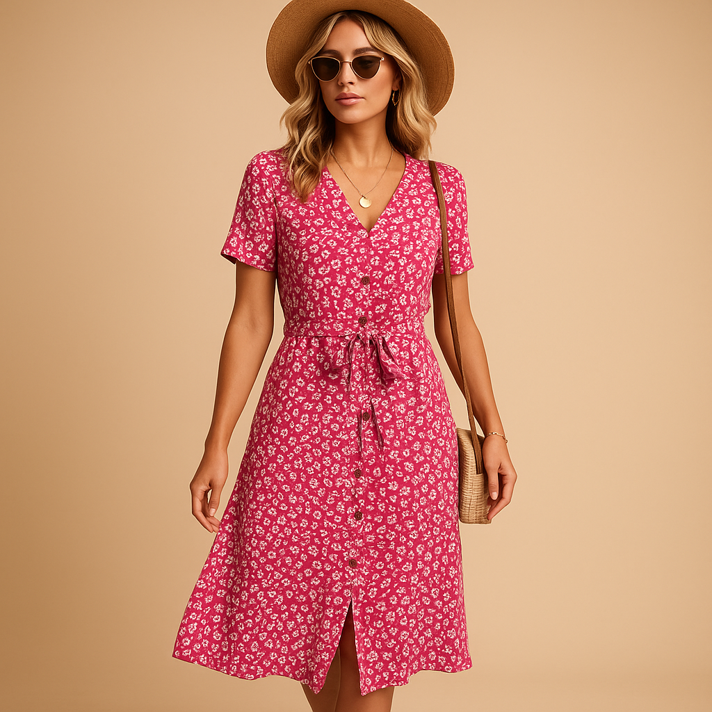 Floral midi dress with short sleeves for women | Clara