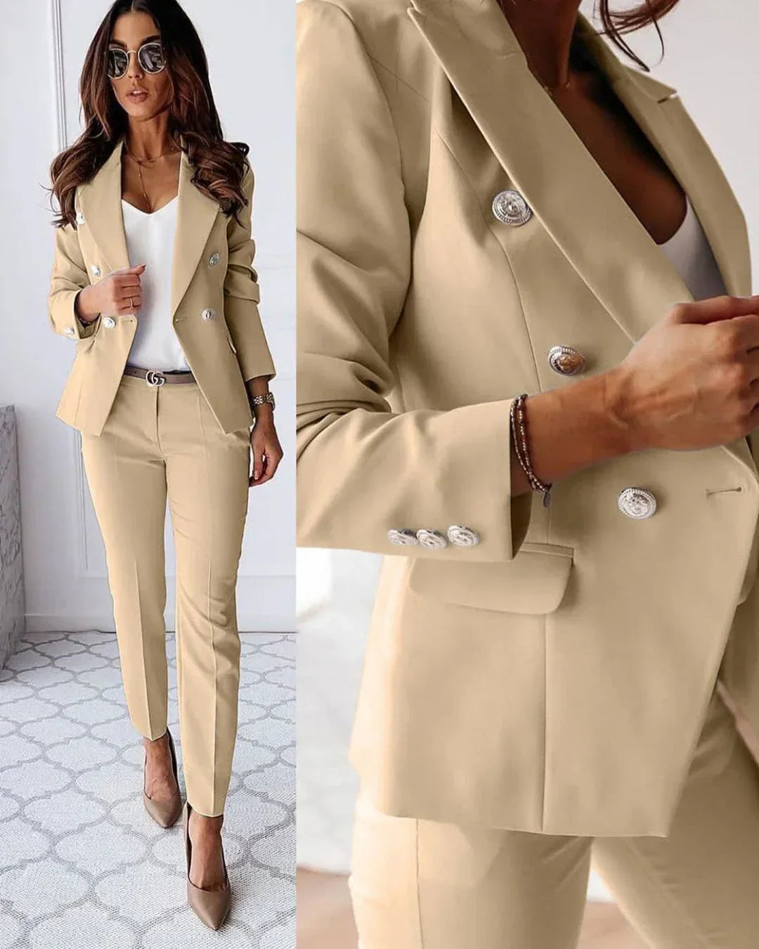 Women's Suit Set with Buttoned Jacket and Straight-Leg Trousers – Elegant Professional Wear