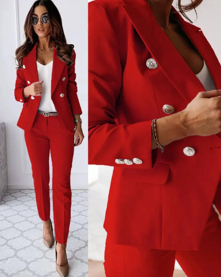 Women's Suit Set with Buttoned Jacket and Straight-Leg Trousers – Elegant Professional Wear