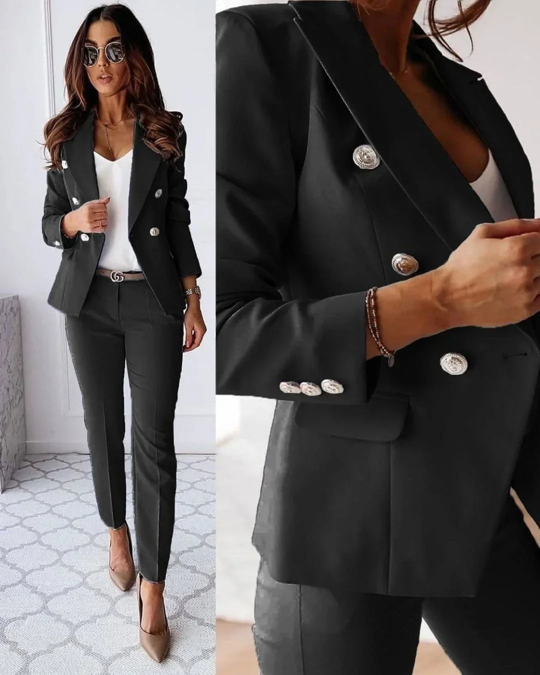 Women's Suit Set with Buttoned Jacket and Straight-Leg Trousers – Elegant Professional Wear